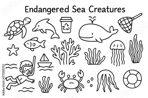 Endangered Sea Creatures Doodle. Endangered Sea Creatures. Hand-drawn doodle illustration Endangered Sea Creatures turtle, dolphin, whale, fish, coral reef,