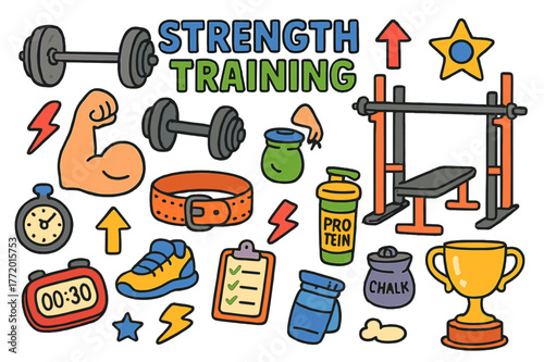 Colorful Strength Elements. Strength training. Colorful Hand-drawn doodle Children illustration Strength training barbell plate, dumbbell, flexed bicep, squat