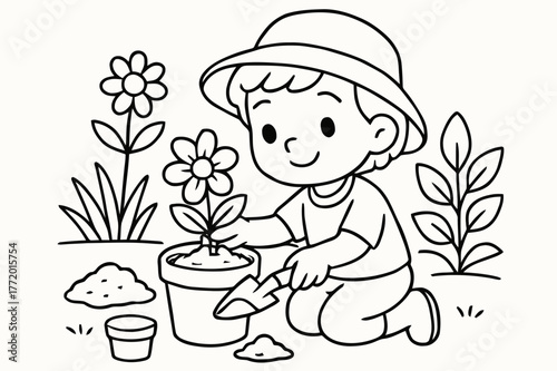 Kid Planting Flower. Gardening children?s coloring book illustration, outlined drawing, a kid planting a flower in a pot, educational design for kids, clear