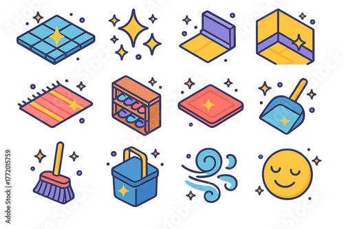 Colorful Cleaning Icons. After-clean sparkle. Colorful isometric vector icons set of After-clean sparkle: shiny floor reflection, sparkle stars, neat