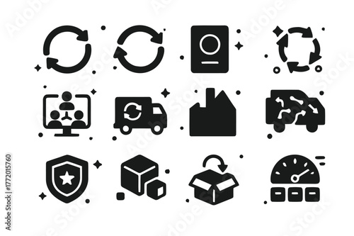 Circular Economy Icons. Circular economy initiatives. Solid icons set of circular economy initiatives: circular arrows, closed-loop diagram, material passport,