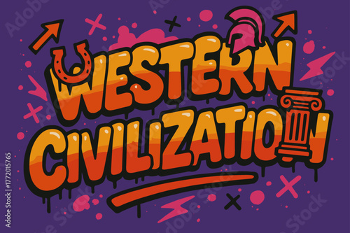 Western Civilization Graffiti. Graffiti Simplified ? "Western Civilization" in thick bubble letters, tilted dynamic layout, dripping outlines, flat spray