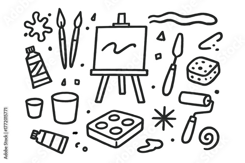 Art Supplies Doodle. Acrylic painting. Hand-drawn doodle illustration acrylic painting paint tubes, brushes, canvas, palette knife, easel, strokes, cup,