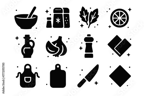 Culinary Icon Grid. Culinary Crafting. Solid icons set of Culinary Crafting: mixing bowl, spoon stirring, spices, herbs, olive oil bottle, garlic clove, pepper