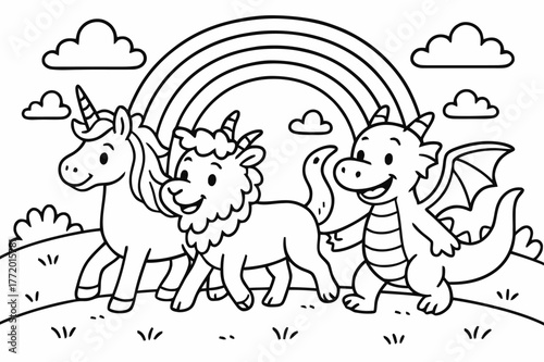 Friendly Fantasy Creatures. Chimera and friends adventure children?s coloring book illustration, outlined drawing, a cheerful chimera walking side by side with