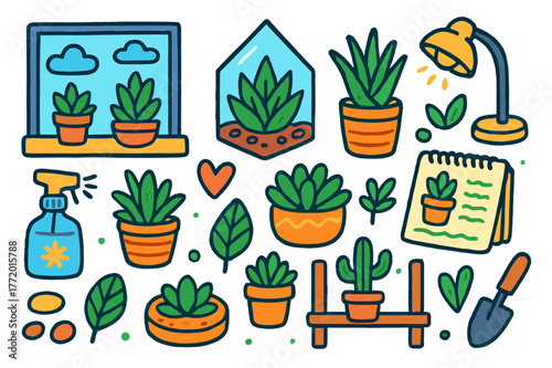 Colorful Succulent Scene. Indoor succulents. Colorful Hand-drawn doodle Children illustration Indoor succulents windowsill, terrarium, aloe pot, small watering
