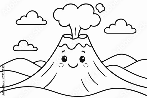 Friendly Volcano Coloring. Volcano children?s coloring book illustration, outlined drawing, a friendly volcano with a smiling face and a gentle puff of ash
