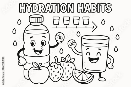 Hydration Fun for Kids. Hydration habits children?s coloring book illustration, outlined drawing, a happy water bottle and glass cheering beside fruits with