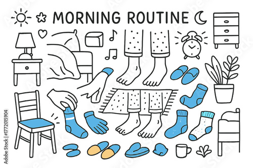 Cozy Morning Essentials. Morning routine. Hand-drawn doodle illustration slippers (colored), feet (colored), hands (colored), socks (colored), chair (colored),