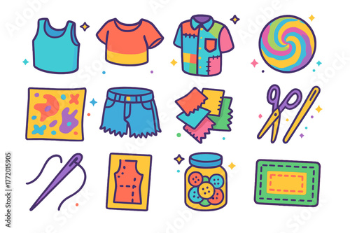 Colorful Upcycled Clothing Icons. Upcycled clothing ideas. Colorful isometric vector icons set of Upcycled clothing ideas: cut-sleeve tank top, crop tee,