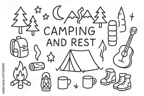 Camping Adventure Icons. Camping and rest. Hand-drawn doodle illustration camping and rest tent, campfire, trees, moon, stars, backpack, boots, lantern, mug,