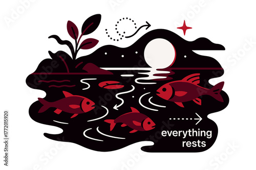 Moonlit River Reflections. River Ecosystem ? Night Reflections. Moonlight glides across a quiet current; fish shadows and starlit ripples merge. Caption