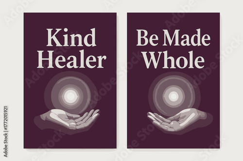 Healing Banners. Healing Touch. Two vertical A6 banners with safe margins, centered composition, no elements touching edges, bold, plum and silver, healing