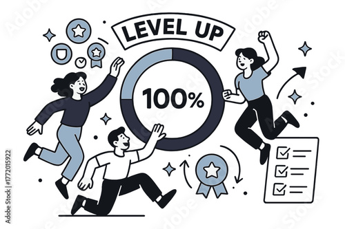 Digital Achievement Celebration. Tracking progress & badges. A progress ring fills to % as badges pop like confetti; ?Level Up? banner curves overhead. Tiny