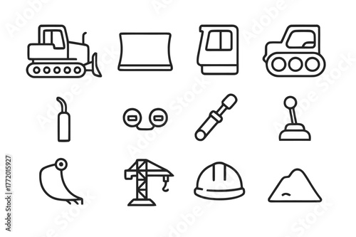 Bulldozer Icon Set. Bulldozer. Line icon set of bulldozer: bulldozer side view, front blade, driver cab, track wheels, exhaust pipe, headlights, hydraulic