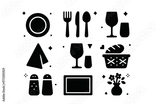 Elegant Table Iconography. Table Arrangement. Solid icons set of Table Arrangement: plate, fork, knife, spoon, napkin, wine glass, water glass, bread basket,