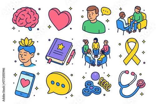 Emotional Health Icons. Emotional health. Colorful isometric vector icons set of emotional health: brain, heart, therapist, counseling session, mindfulness,