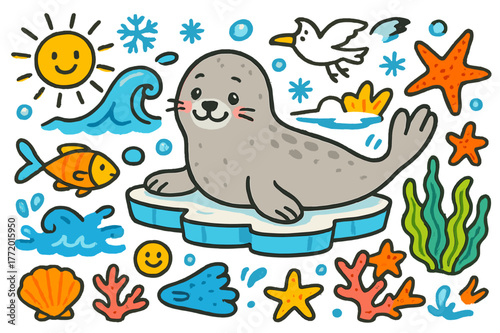 Cute Seal Doodle. Seal. Colorful Hand-drawn doodle Children illustration Seal cute seal, ocean wave, fish, ice floe, snowflake, bubble, sun, seagull, coral,