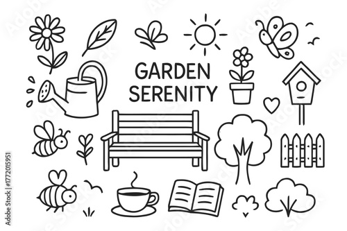 Garden Serenity Illustration. Garden serenity. Hand-drawn doodle illustration garden serenity flower, leaf, watering can, butterfly, bee, sun, bench, potted