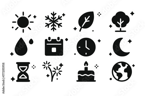 Seasonal Icon Set. Seasons of the Year. Solid icons set of Seasons of the Year: sun, snowflake, leaf, tree, raindrop, calendar, clock, moon, hourglass,