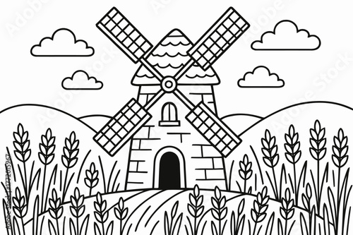 Windmill Coloring Page. Windmill field children?s coloring book illustration, outlined drawing, old-fashioned windmill surrounded by wheat fields, educational