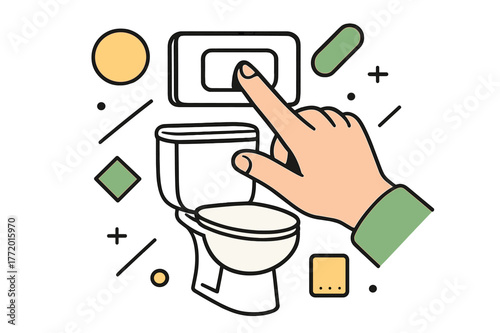 Sleek Bathroom Flush. Toilet Flush Button. Hand pressing a sleek toilet flush button with floating abstract geometric shapes, modern and hygienic bathroom