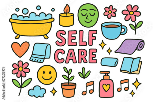Self-Care Essentials Doodle. Self-Care. Colorful Hand-drawn doodle Children illustration Self-Care bubble bath, candle, face mask, tea cup, flower, heart,