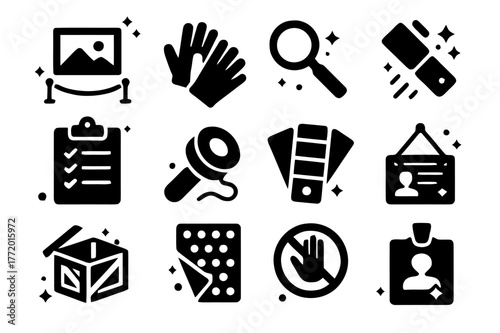 Art Preview Icons. Preview and condition report. Solid icons set of Preview and condition report: preview room, white gloves, magnifying loupe, UV flashlight,
