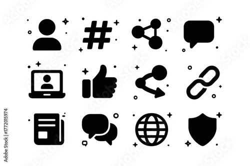 Digital Networking Icons. Online Community and Networking. Solid icons set of Online Community and Networking: profile avatar, hashtag, group nodes, message