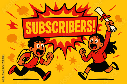 Explosive Subscriber Celebration. Subscribers banner, splash explosion, bold oversized text inside banner, cartoon characters shouting and running, holding
