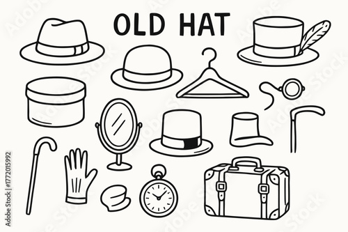 Vintage Hat Sketches. Old Hat. Hand-drawn doodle illustration Old Hat vintage hat, fedora, bowler hat, top hat, straw hat, ribbon band, feather, hat box,