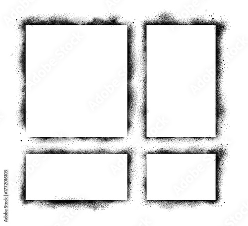 Spray paint graffiti stencil frames. Black airbrushing paint banner, stenciling backdrop and spray paint texture borders. Brush splash abstract rectangular stencil border. Isolated icons set