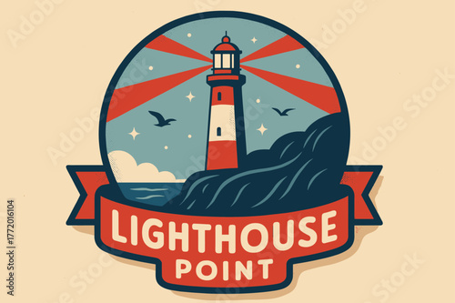 Lighthouse Retro Poster. Lighthouse Point ? Retro Poster; lettering: bold rounded; composition: ribboned seal with side icons; effects: halftone rim + gentle