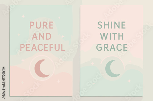 Serene Light Banners. Serene Light. Two vertical A6 banners with safe margins, centered composition, no elements touching edges, pastel, pastel mint and pink,