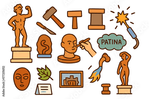 Bronze Sculptures Doodles. Bronze sculptures. Colorful Hand-drawn doodle Children illustration Bronze sculptures statue, artist hammer, chisel, base pedestal,