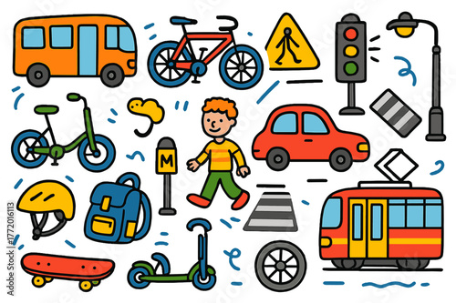 Colorful Urban Mobility Doodles. urban mobility. Colorful Hand-drawn doodle Children illustration urban mobility bus, bicycle, scooter, pedestrian, car,
