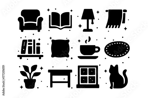 Cozy Reading Icons. Quiet Reading Space. Solid icons set of Quiet Reading Space: armchair, book, lamp, blanket, bookshelf, cushion, coffee cup, rug, plant,