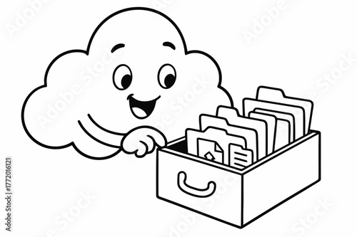 Cloud Storage Coloring. Online storage concept children?s coloring book illustration, outlined drawing, a cheerful cloud opening a small drawer full of simple
