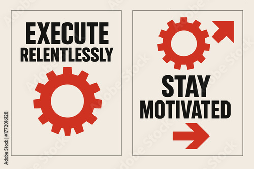 Bold Black-and-Red Banners. Execute relentlessly. Two vertical A6 banners with safe margins, centered composition, no elements touching edges, brutalist, black