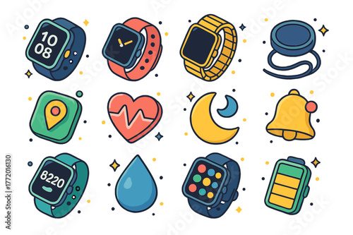 Colorful Smartwatch Icons. Smartwatches. Colorful isometric vector icons set of smartwatches: watch face, sport band, metal band, charging puck, GPS icon,