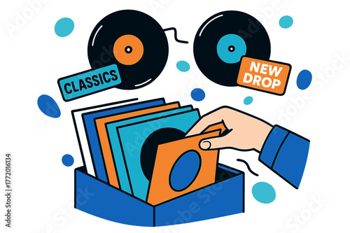Turntable Vinyl Exploration. DJ turntable ? Record crate dig. A hand flips through vibrant sleeves; abstract records float above with ?CLASSICS? and ?NEW DROP?