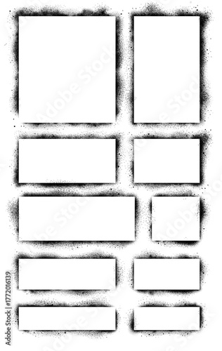 Spray paint graffiti stencil frames. Black airbrushing paint banner, stenciling backdrop and spray paint texture borders. Brush splash abstract rectangular stencil border. Isolated icons set