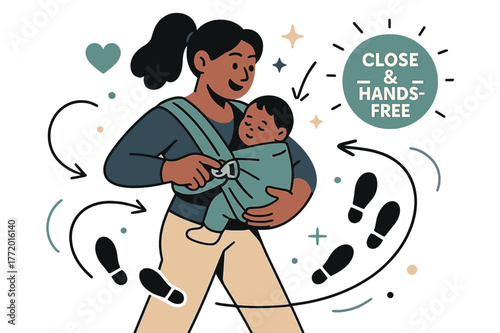 Babywearing Connection. Babywearing & bonding. A caregiver clicks a soft sling into place; ?Close & hands-free? tag shines. Footstep icons show a gentle walk
