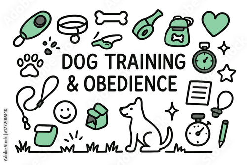 Dog Training Doodles. Dog training & obedience. Hand-drawn doodle illustration dog training & obedience [clicker (accented), collar (accented), whistle
