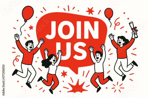 Join Us Celebration. JOIN US banner, flat vector illustration, bold oversized text inside rounded blob, cartoon characters jumping and shouting interacting