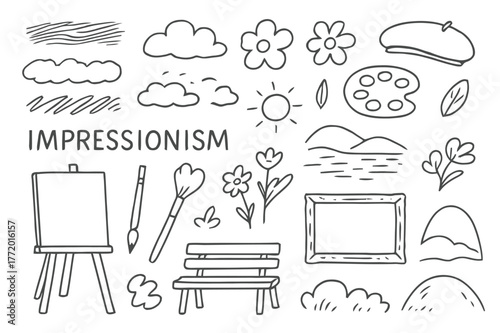 Impressionism Doodle Sketch. Impressionism. Hand-drawn doodle illustration impressionism paint strokes, soft clouds, flowers, palette, beret, easel, brush,