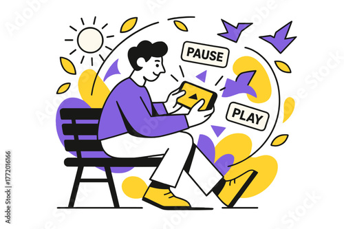 Park Bench Gaming. Playing a mobile game on the go ? Park bench break. Sunbeams and leaves arc around as the player tilts the screen; birds become abstract