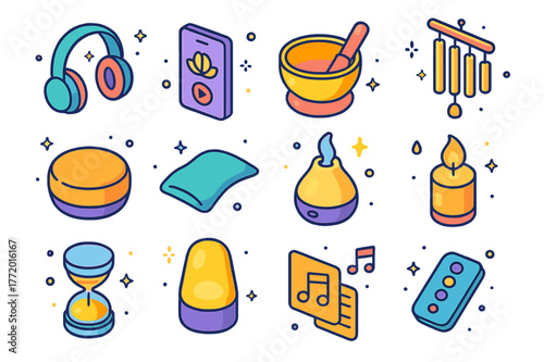 Meditation Tools Icons. Guided meditation tools. Colorful isometric vector icons set of guided meditation tools: studio headphones, smartphone app screen,