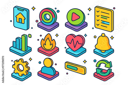Colorful Fitness Icons. Simple fitness app interface. Colorful isometric vector icons set of Simple fitness app interface: home screen, activity rings, workout