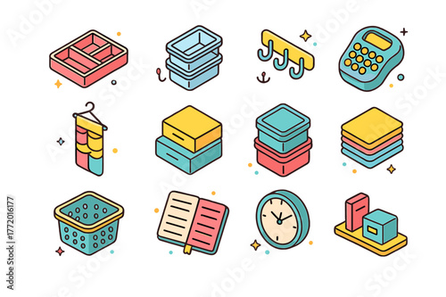 Home Organization Icons. Home organization tools. Colorful isometric vector icons set of Home organization tools: drawer dividers, clear storage bins, wall
